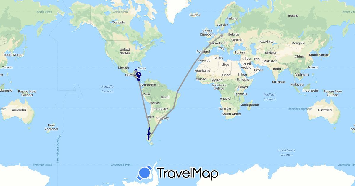 TravelMap itinerary: driving, plane in Argentina, Brazil, Chile, Costa Rica, Germany, Guatemala, Mexico, Portugal (Europe, North America, South America)